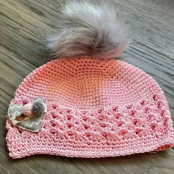 Hand crafted pink crochet girls  hat with heart and fuzzy pom pom - Picture 2 of 8